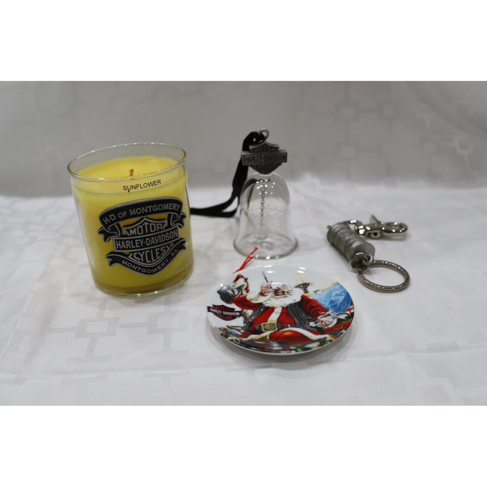 Vintage Harley-Davidson Candle, 2 Christmas Ornaments and Pewter Key Chain